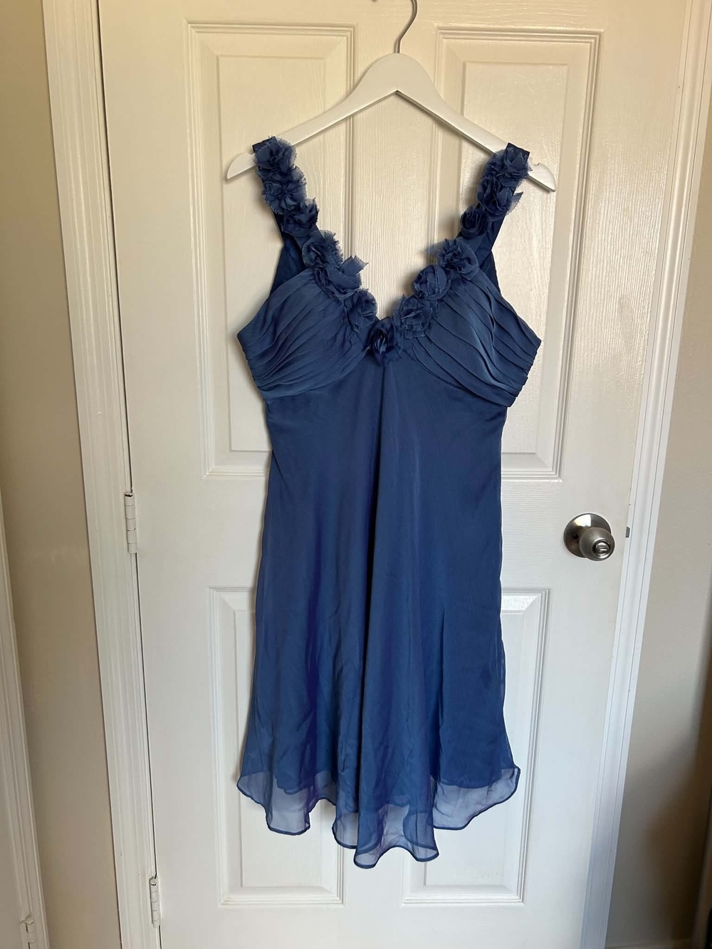 Navy Blue Floral-Trim Midi Chiffon Dress